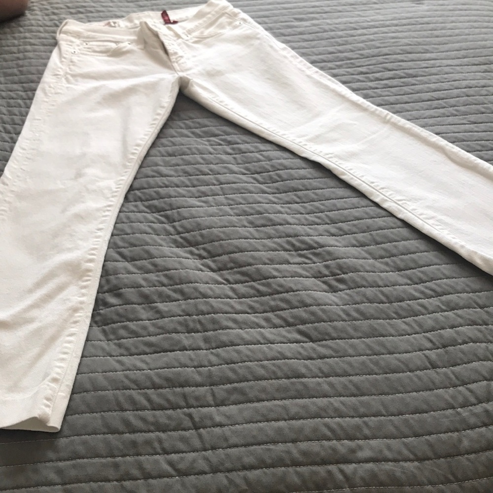 Red engine white jeans